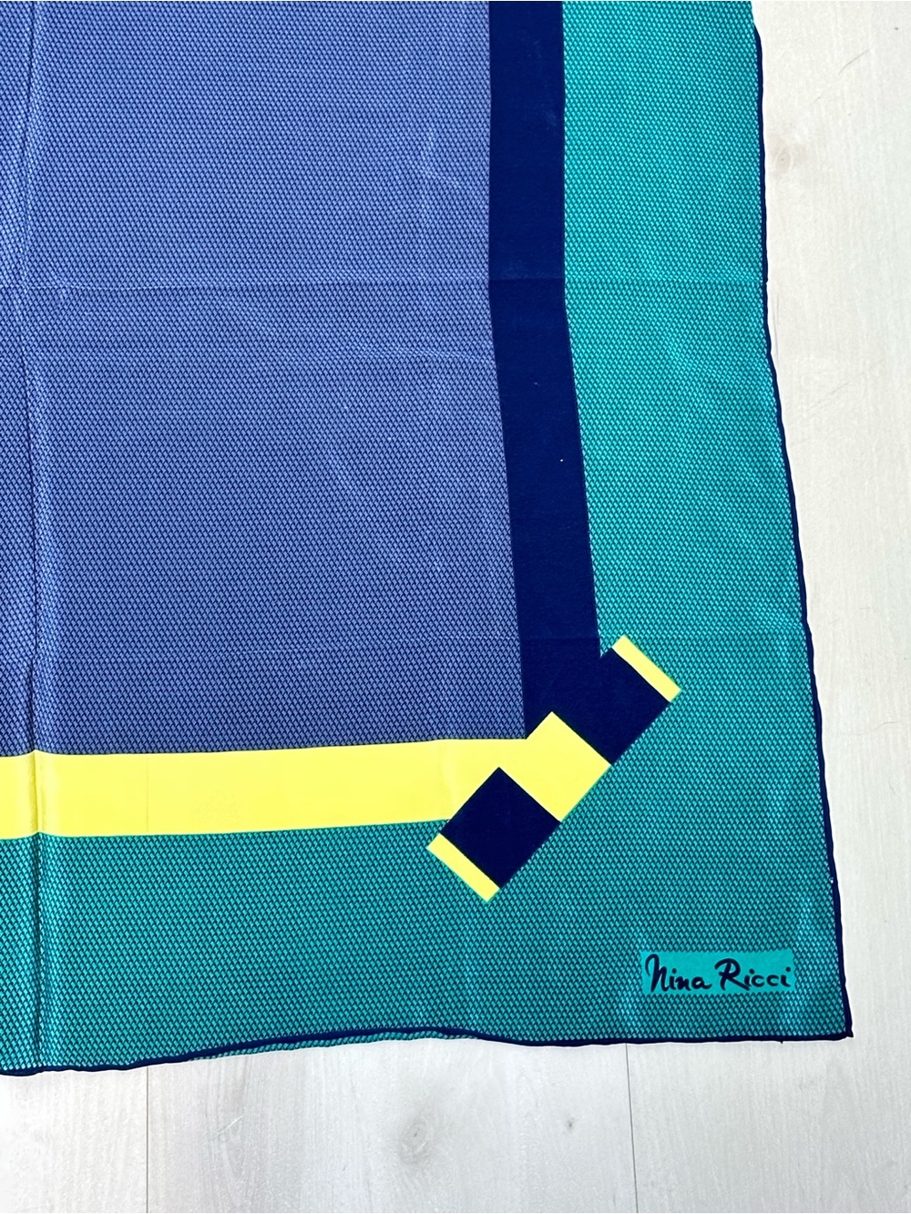 Nina Ricci Teal, Navy & Yellow Graphic Square Silk Scarf Italy 30x30 - Picture 2 of 7